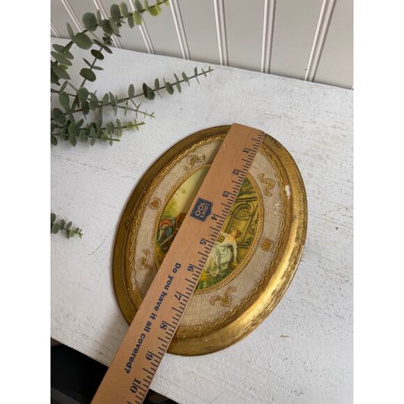 Vintage Italian Florentine Oval Wood Plaque Gold Gilt Rococo Garden Flying Kite - Picture 3 of 8